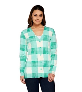 Isaac Mizrahi Live! Teal S Watercolor Gingham Printed Cardigan Lt Weight A273643 - Picture 1 of 4