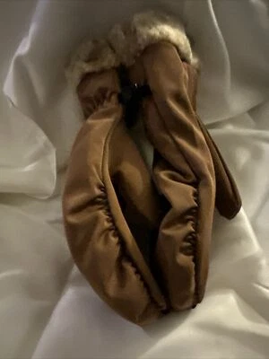 Head Brown Mittens/gloves With Fleece Lining, Women Medium Fake Fur Cuff. - Image 1 of 4