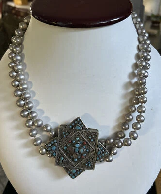 Rare antique Tibetan Ghau amulet silver box turquoise & Coral Beaded Necklace - Image 1 of 4