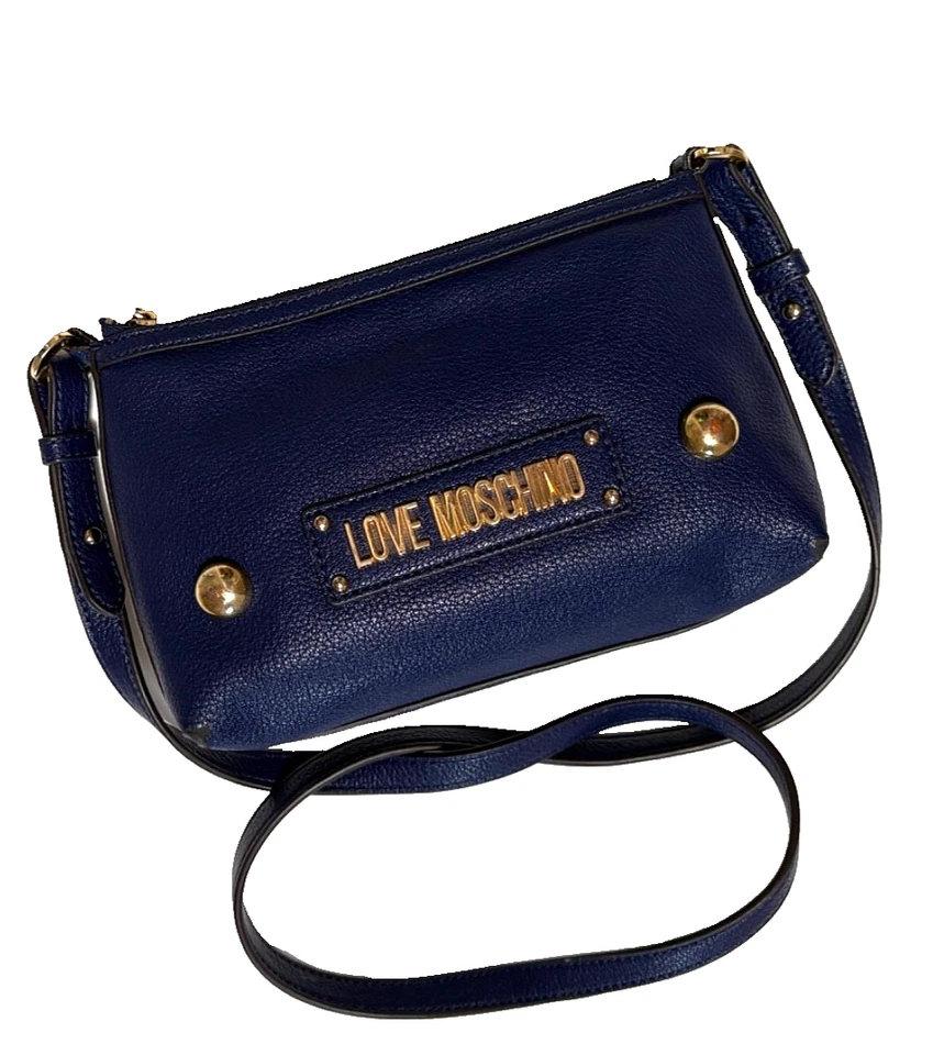 LOVE MOSCHINO Navy Blue Pebble Leather Zip Closure Travel Strap Shoulder Bag - Image 1 of 4