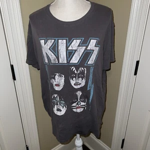 KISS Faces Cover Gray Short Sleeve Band T Shirt Retro Look 100% Cotton Large - Picture 1 of 7