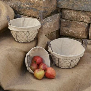 New Primitive Farmhouse 3 RUSTIC CHICKEN WIRE BASKET WITH LINER Egg Holder Bins - Picture 1 of 1