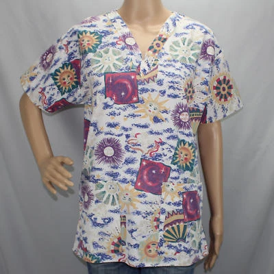 Crest Short Sleeve Small Scrub Top Suns and Moons Side Slits V Neck Made in USA - Image 1 of 4