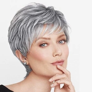 BECUS Gray Wig for Women Pixie Cut Layered Synthetic Wig Silver Grey for Black & - Picture 1 of 1