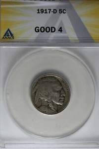 1917-D .05 ANACS G 4 Buffalo Nickel, Indian Nickel, 5 Cent Piece - Picture 1 of 2