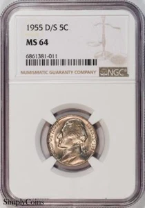 1955-D/S Jefferson Nickel NGC MS64 OMM Overmintmark D Over S US Coin - Picture 1 of 2