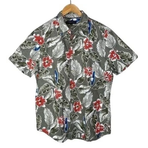 AéRopostale camicia uomo pappagalli hawaiani, manica corta grigio blu rosso Large - Foto 1 di 11