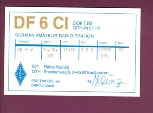 Vintage QSL Funkkarte Germany DF6CI Heiinz Assfalg Kaufbeuren 15. Oktober 1989 - Bild 1 von 2