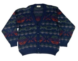 Vintage 80er HUGO BOSS NAVY BLUE MULTICOLOR V NECK KNIT CARDIGAN SIZE XL - Bild 1 von 6