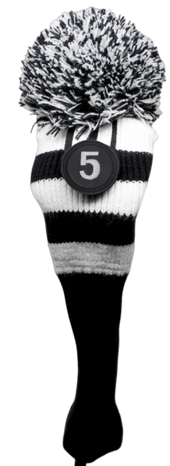 MAJEK GOLF Tour #5 Black & White Fairway Metal Wood Golf Headcover Knit Pom Pom Head Cover
