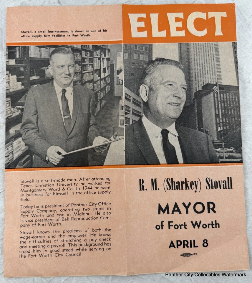 um 1969 Original Fort Worth TX Mayor Campaign Prospekt R.M. Sharkey Stovall - Bild 1 von 1