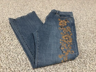 Jeans Boho Azul Daisy Fuentes De Colección Talla 16 Pequeño Floral Dorado Bordado Adorno Foto 1 de 4