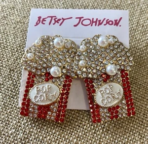 Betsey Johnson Popcorn Earrings Stud Red, White Rhinestones Pearls 2” - Picture 1 of 10