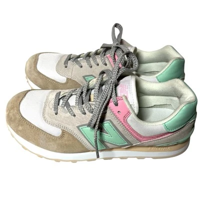 Новый баланс 574 женщин размер 8 Athletic туфли бежевый замши белый пастель розовый зеленый - Изображение 1 из 4