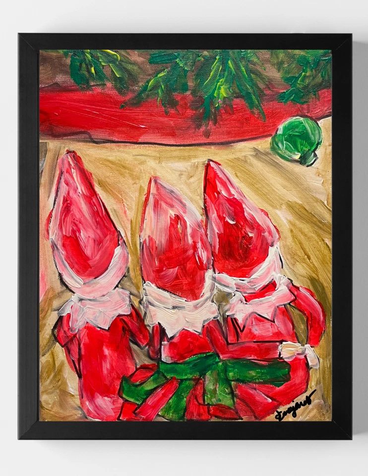Arte firmado en lienzo GUAJARDO original caprichoso elfo de vacaciones bajo el árbol 14X11 Foto 1 de 4