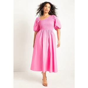Eloquii Smocked Bodice Asymmetrical Neck Midi Dress - Pink - Plus Size 24 - Picture 1 of 4