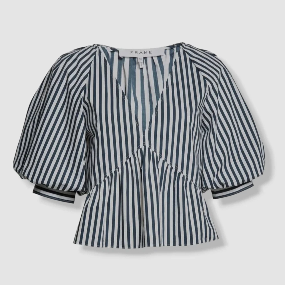 Frame Women's Blue Organic Cotton Striped V-Neck Puff-Sleeve Top Size M