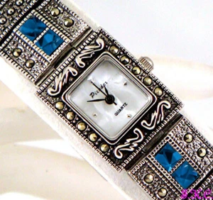 Reloj de Pulsera Vintage Plata Marcasita y Azul Londres Topacio Semi Preciosas Gemas - Imagen 1 de 13