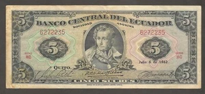 Ecuador 5 Sucres 6.7.1962; VF; P-113a; BNB-B1833p; TDLR; Series: "HC" - Picture 1 of 2