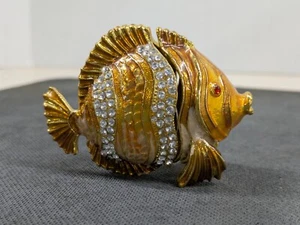 Jeweled Enamel Striped Gold Tone Fish Magnetic Trinket Pill Box 3" Long - Picture 1 of 6