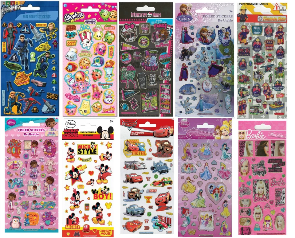 Children's Character Fun Foiled Re-Usable Stickers Party Bag Loot Bag Fillers