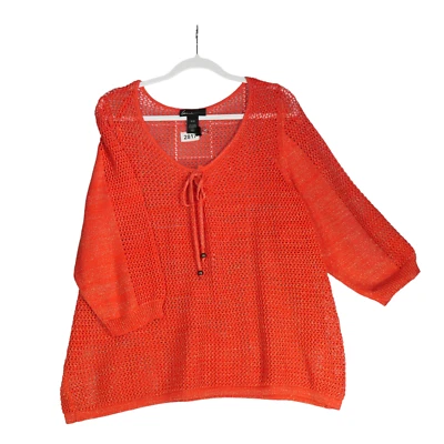 Lane Bryant Orange Open Knit Sweater Womens 26 28 Lace Up Front Cover Up Tassels - Изображение 1 из 4