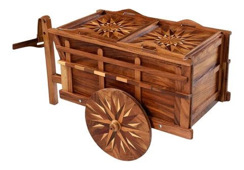 Handcrafted Costa Rican Barcart/Oxcart With Intricate Wood Inlay Marquetry Cover