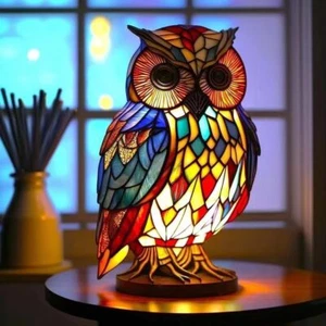 Retro Buntglas Eule Nachtlicht Lampe für Schlafzimmer Wohnzimmer Mehrfarbig - Bild 1 von 3