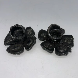 VTG Brutalist Metal Set Of 2 Candlestick Holders Made In US Flower Wrought IRON - Picture 1 of 15