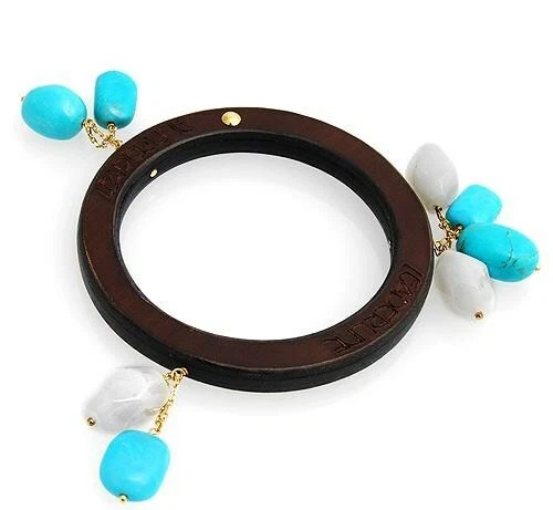 LEADERLINE 18K SOLID YELLOW GOLD, TURQUOISE, CALCITE MAGNESI & WOOD BANGLE - Image 1 of 1