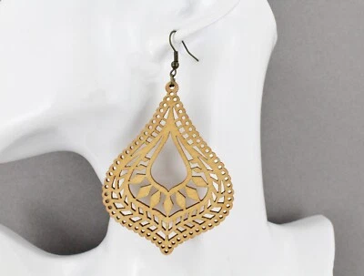 Brown wood earrings lightweight filigree dangle wooden oval 3 3/8" long cut out  - Изображение 1 из 4