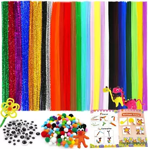 300 Multicolor Pipe Cleaners Bulk in 30 Colors 250 Craft Pompoms 100 Wiggle Goog - Picture 1 of 9