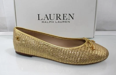 Lauren Ralph Lauren Jayna Size 8 Ballet Flat Leather Trim Metallic Straw Gold - Image 1 of 4