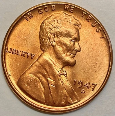 1947-D  Uncirculated BU Red RD - Lincoln Wheat Cent ~ B309 - Image 1 of 3