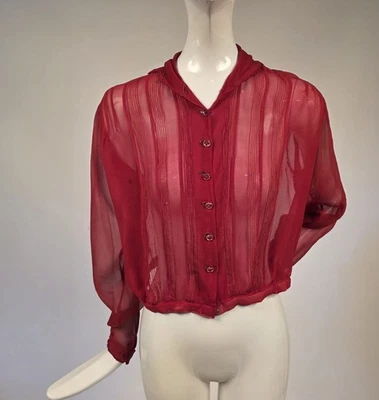 EDWARDIAN SHEER RED SILK CHIFFON BLOUSE W BUTTON FRONT - Image 1 of 4