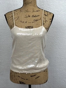 Womens Ivory Sequin Camisole Top Large 90s Sparkly Spaghetti Strap Cami Swiftie - Picture 1 of 16