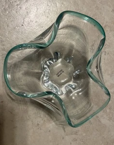 Vtg Art Glass Ashtray Trinket Hand Blown Clear Sea Green Asymmetrical Poland - Picture 1 of 9