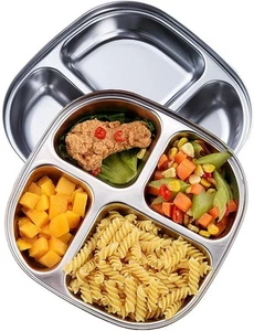 Set of 2 Stainless Steel Dinner Plates 4 Sections Divided Platter F4C, Silver - Picture 1 of 8