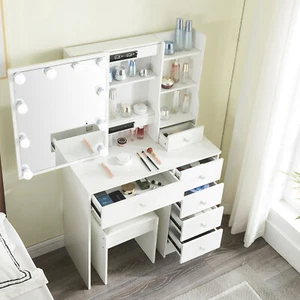 Vanity Set 10 LED Lights with 3 Colours Mirror Dressing Table Makeup Desk Stool - Picture 1 of 9