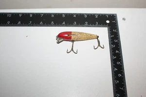 OLD VINTAGE WOOD FISHING LURE PFLUEGER PALOMINE 3 1/4" GLASS EYES RED & WHITE - Picture 1 of 11