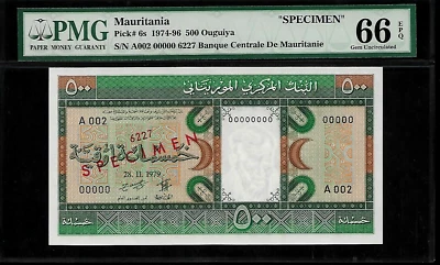 Mauritania Specimen 500 Ouguiya 1979 PMG 66 EPQ UNC P#6s PMG Top Population 1/0 - Image 1 of 4