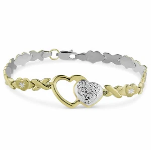 7.5" Diamond Cut Hearts and Kisses Bracelet Bonded 1/10th 10k Yellow White Gold - Picture 1 of 3