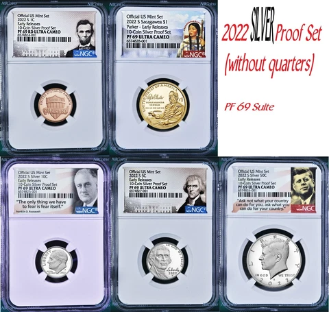 2022 US Mint 5 Coin Silver Proof SET Dime Cent Nickel $1 50c NGC PF69 ER Cover