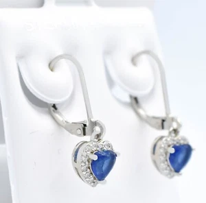 LAB CREATED 1.68 Cts BLUE & WHITE SAPPHIRE HEART DANGLING EARRINGS .925 Silver - Picture 1 of 6