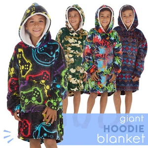 Kids Boys Oversized Blanket Hoodie Snuggle Fleece Hoody Sweathsirt Novelty Print - Picture 1 of 25