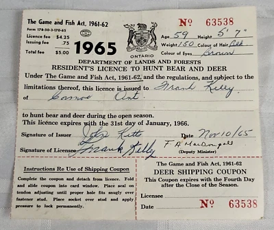 1965 GAME AND FISHING HUNTING LICENSE ONTARIO CANADA GOVERNMENT CARD - Image 1 of 4
