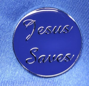 APS Gospel Studio Shop Jesus Saves Badge 1980s Original Old Style Badge Blue - Picture 1 of 3