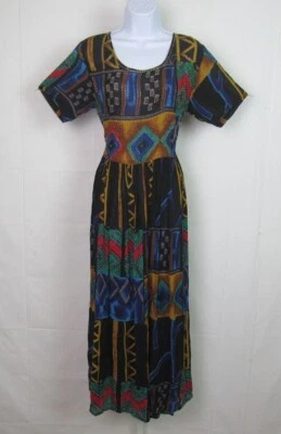 VTG 1970s 80s BOHO HIPPIE BEADED TIE DRESS ETHNIC PATTERN COTTON BLEND - Image 1 of 4