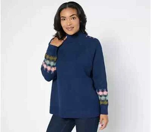 Denim & Co. Heritage Fair Isle Mock Neck Raglan Sweater Navy,Size 1X A670025 - Picture 1 of 1