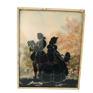 Vintage Southern Courting Paar Kamee konvexe Glas Silhouette gerahmt 5" x 4" - Bild 1 von 6